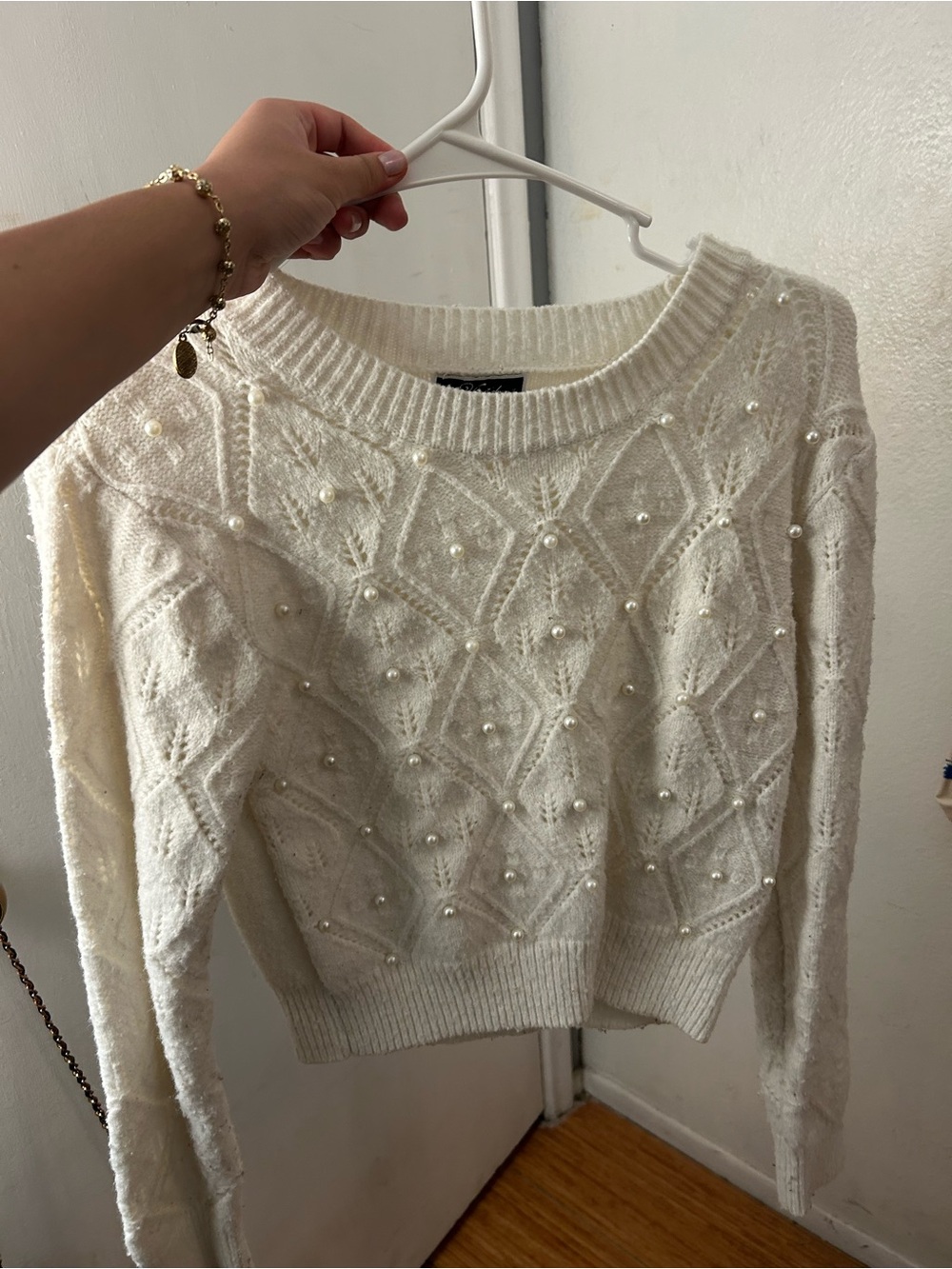 Pearl-Accent Cream Cable Knit Crewneck Sweater